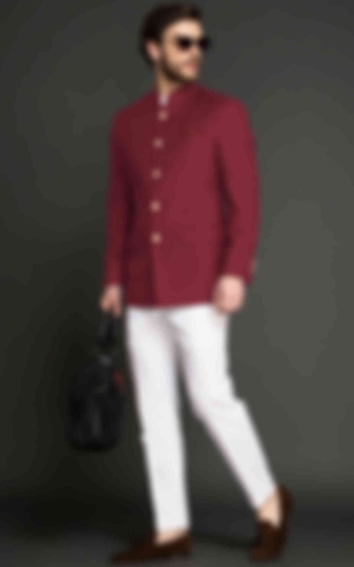 California Cherry Red Wool Jodhpuri Suit image