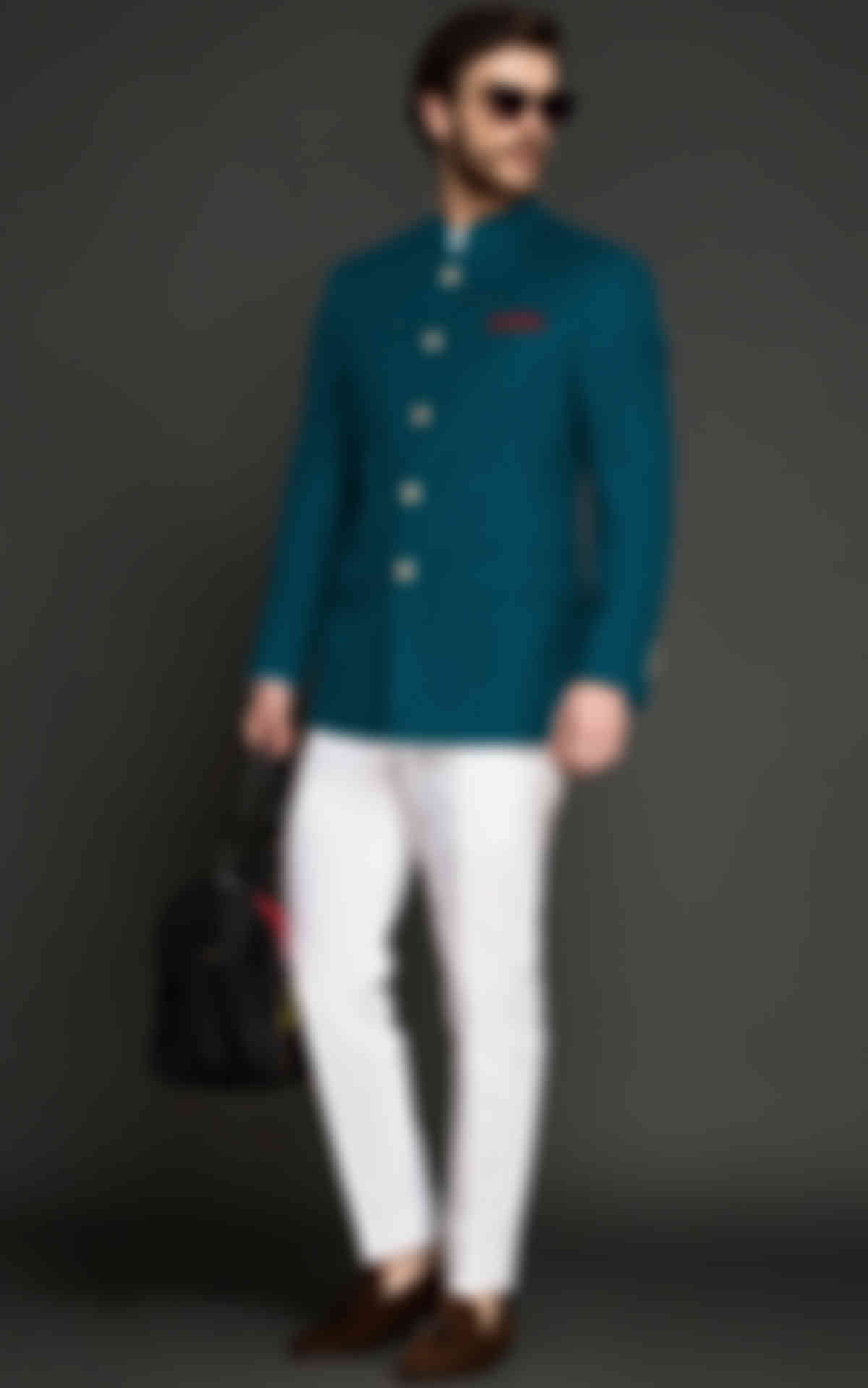Philadelphia Teal Wool Jodhpuri Suit image