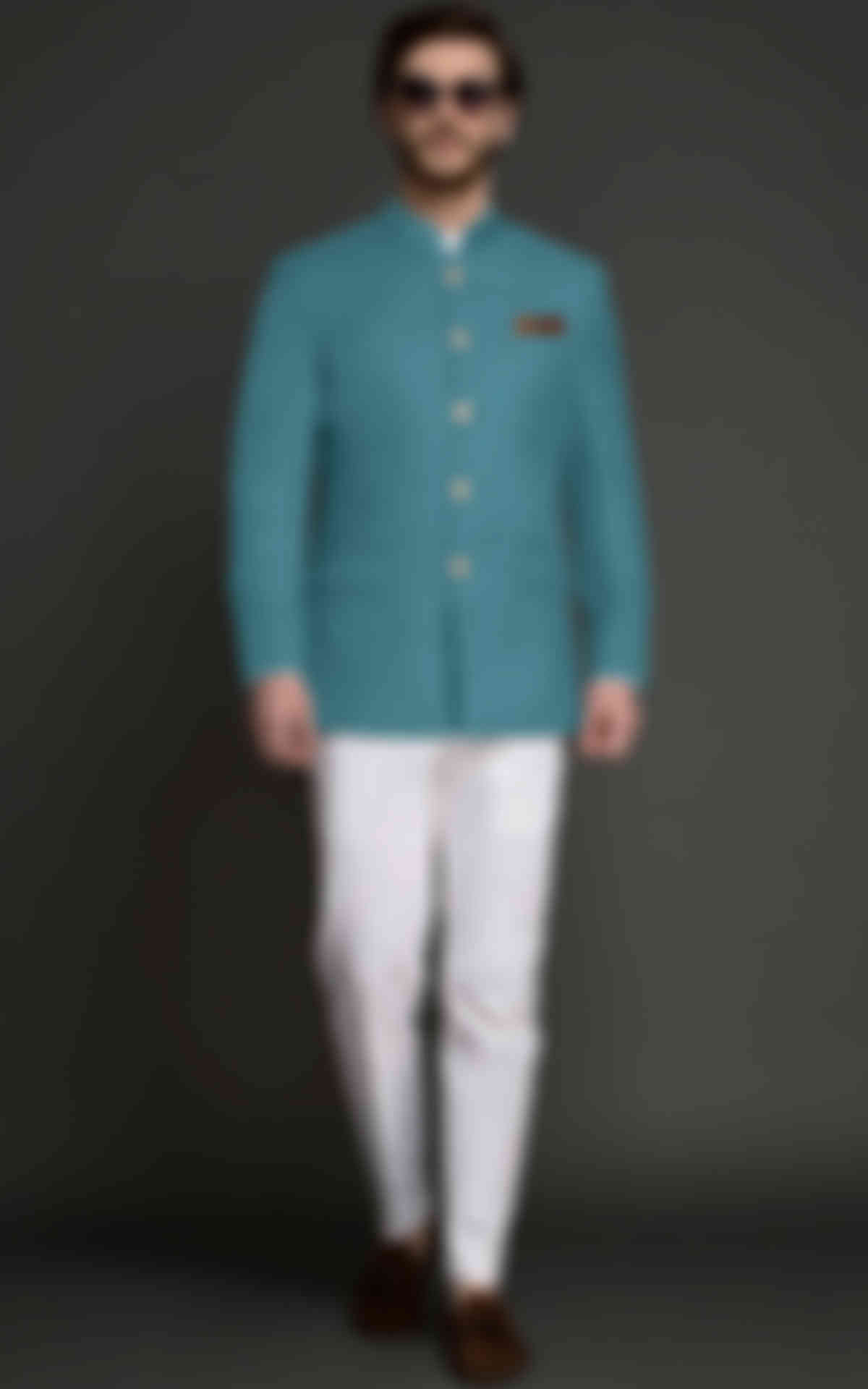 Perth Teal Blue Wool Jodhpuri Suit image