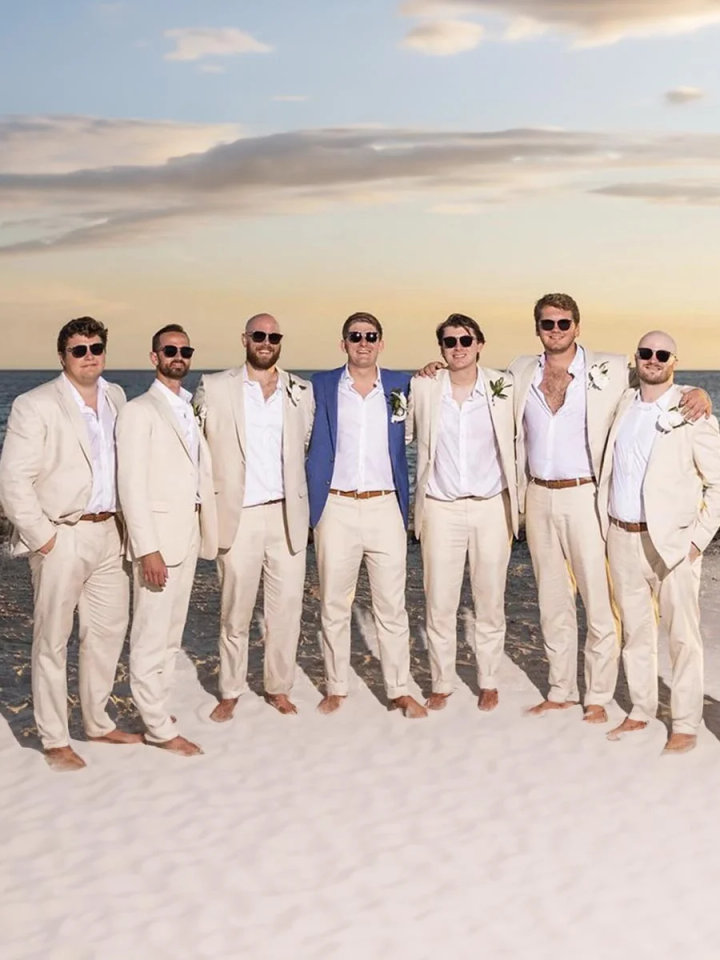 Beige Cotton Beach Wedding Suit for Groom and Groomsmen