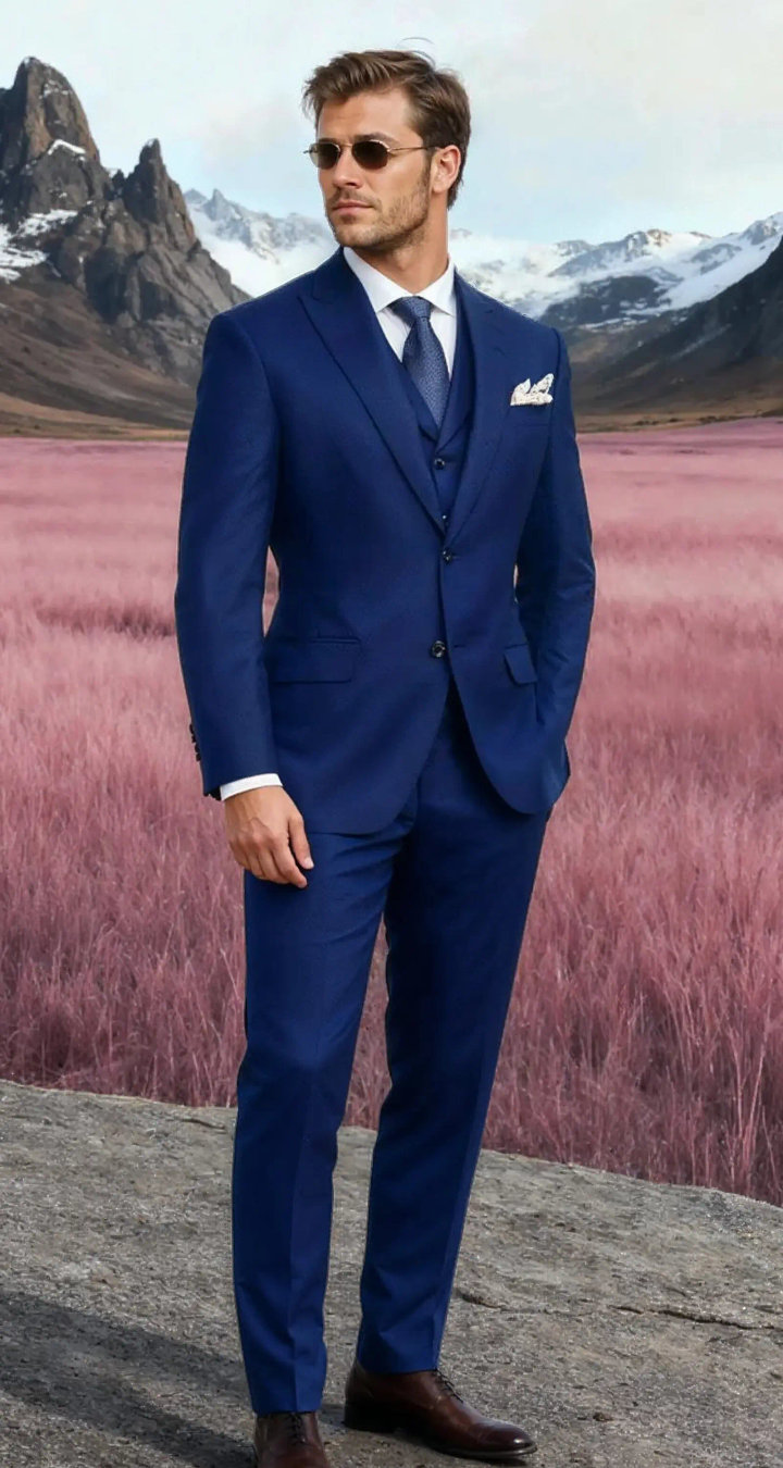 Blue Three-Piece Business Suit with White Shirt and Blue Tie