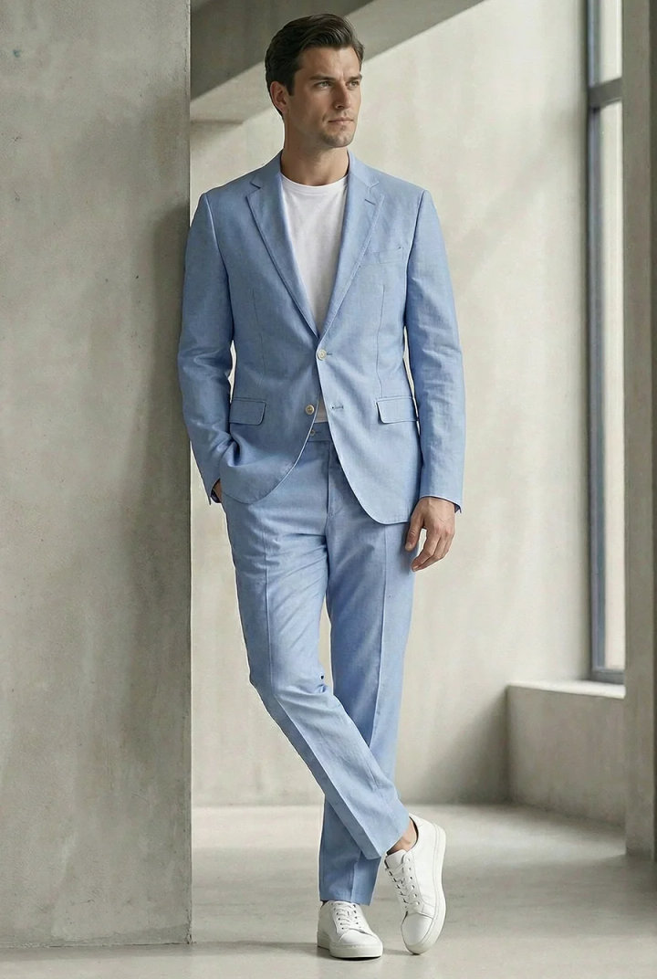 Light Blue Suit with White T-Shirt and Sneakers